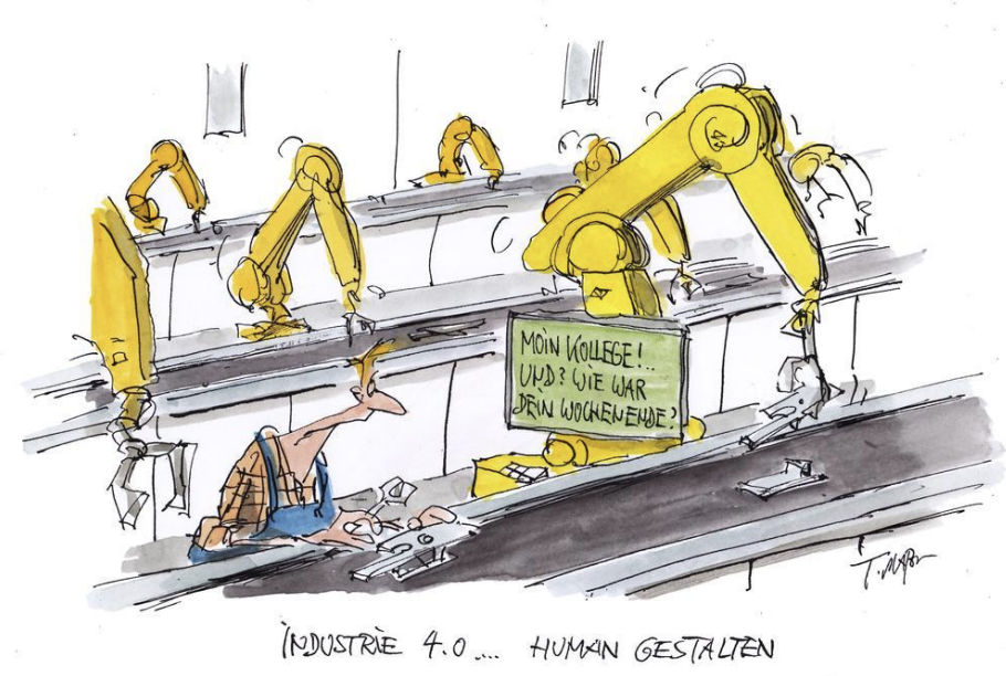 Karikatur: Fabrikfließband mit gelben Industrierobotern und einem Menschen am Band.